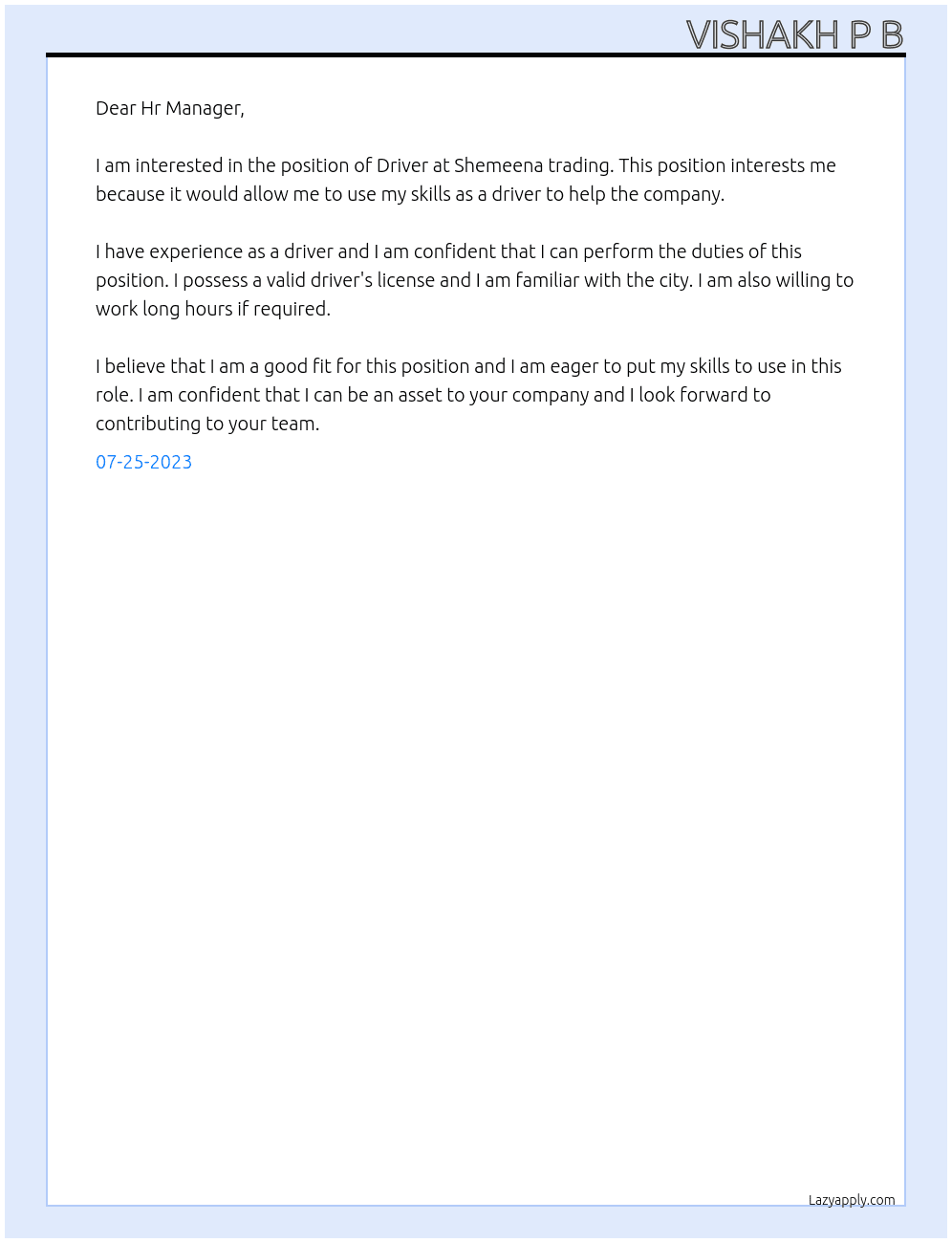 Driver At Shemeena trading Cover Letter