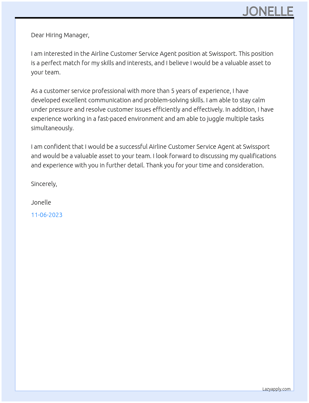 Airline Customer Service Agent At Swissport Cover Letter