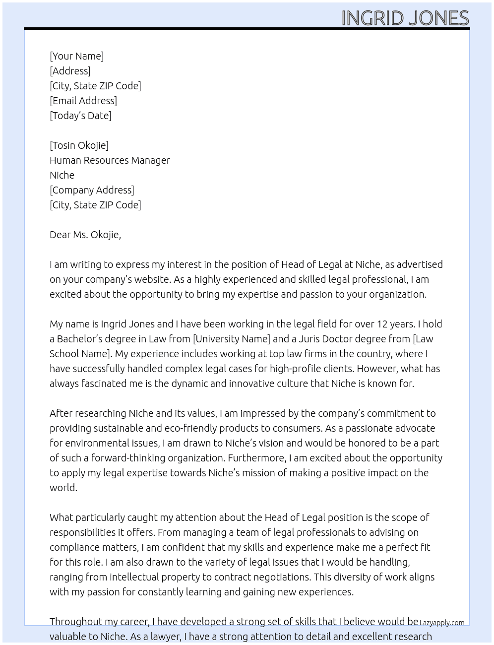Head of Legal At Niche Cover Letter