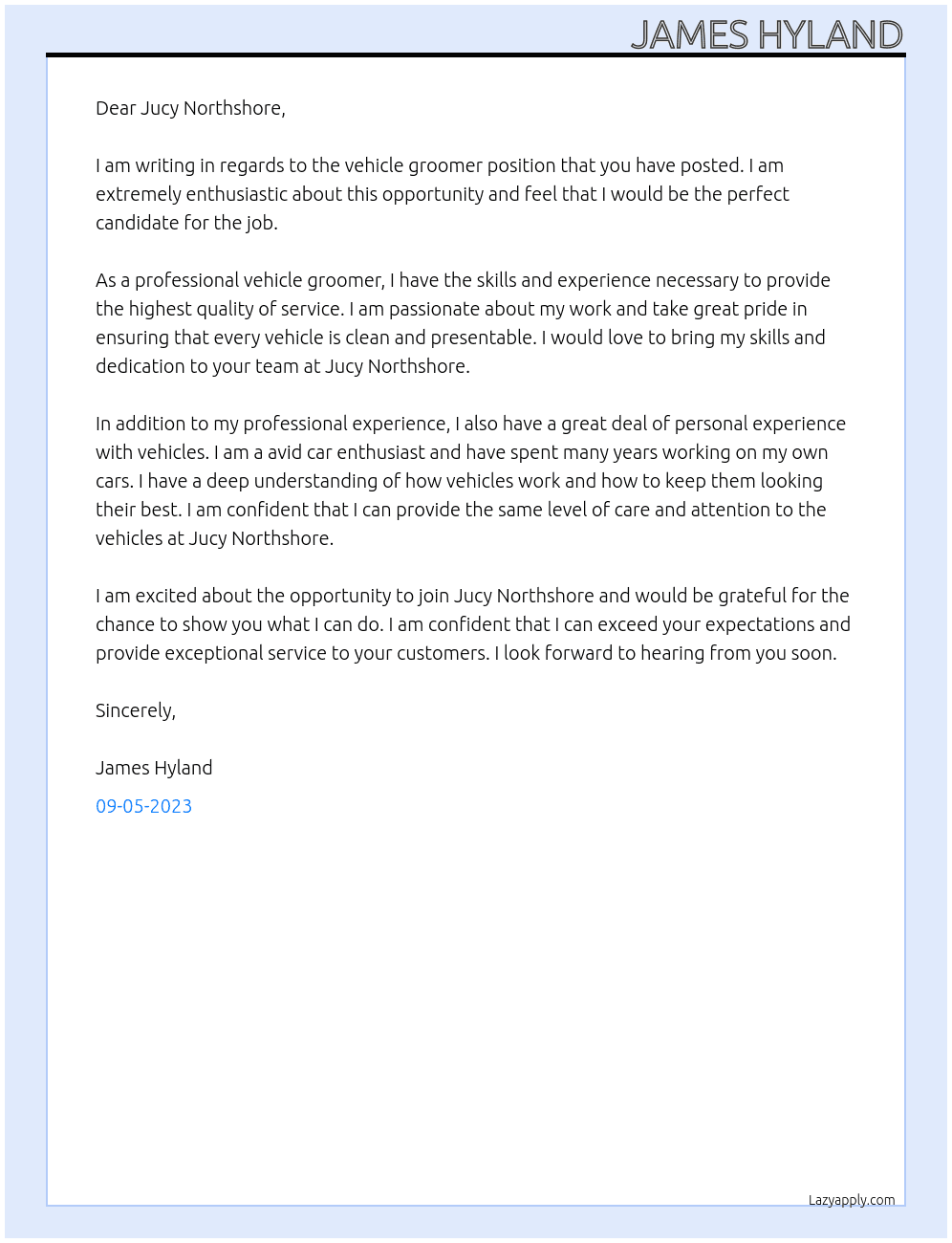 vehicle groomer At Jucy Northshore Cover Letter