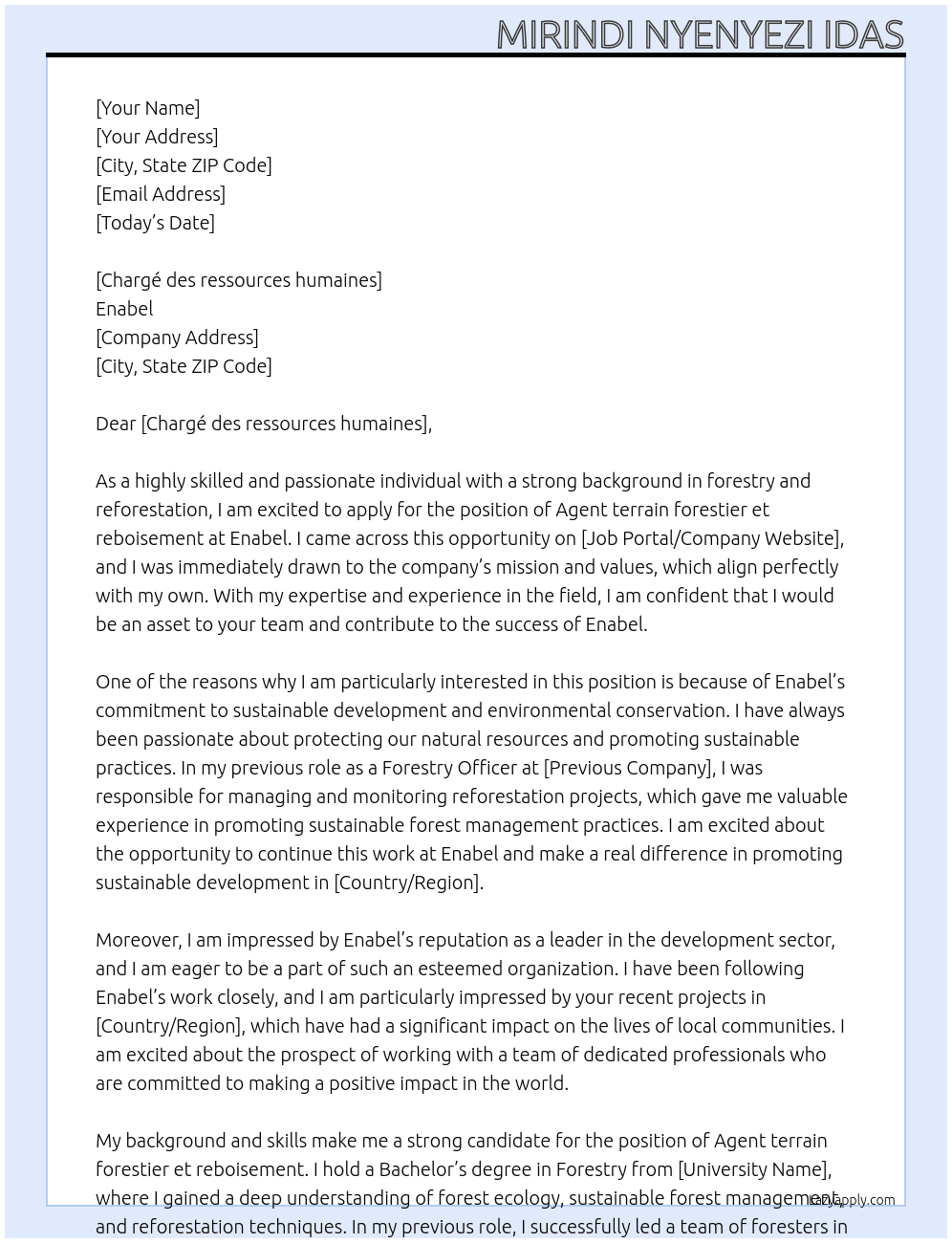 Agent terrain forestier et reboisement  At Enabel  Cover Letter