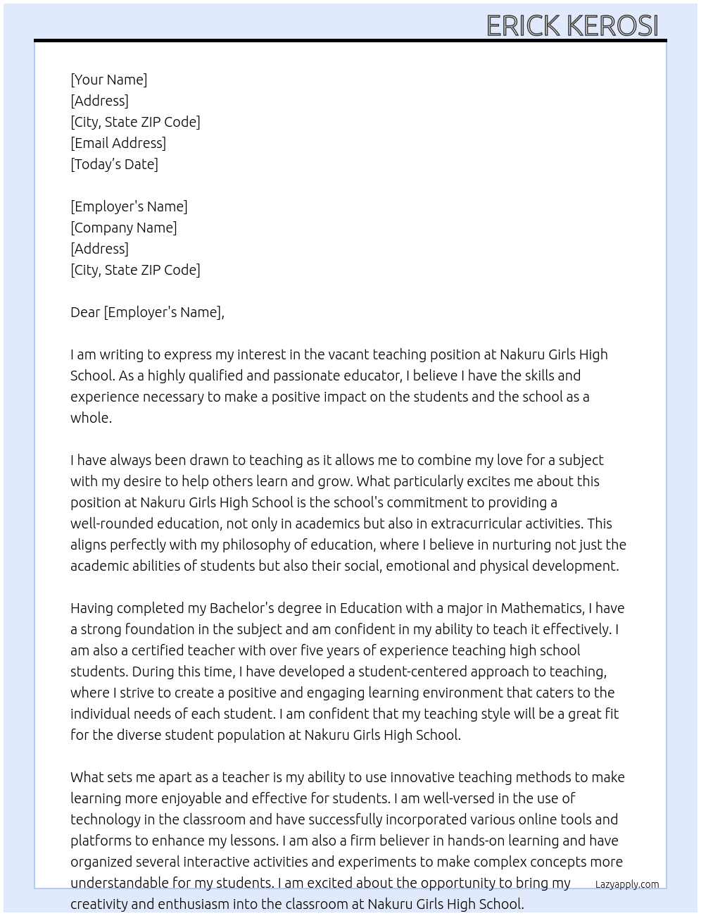 Teacher At Teaching vacancy  Cover Letter