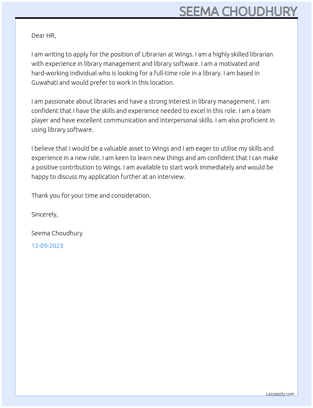 Librarian  At Wings Cover Letter