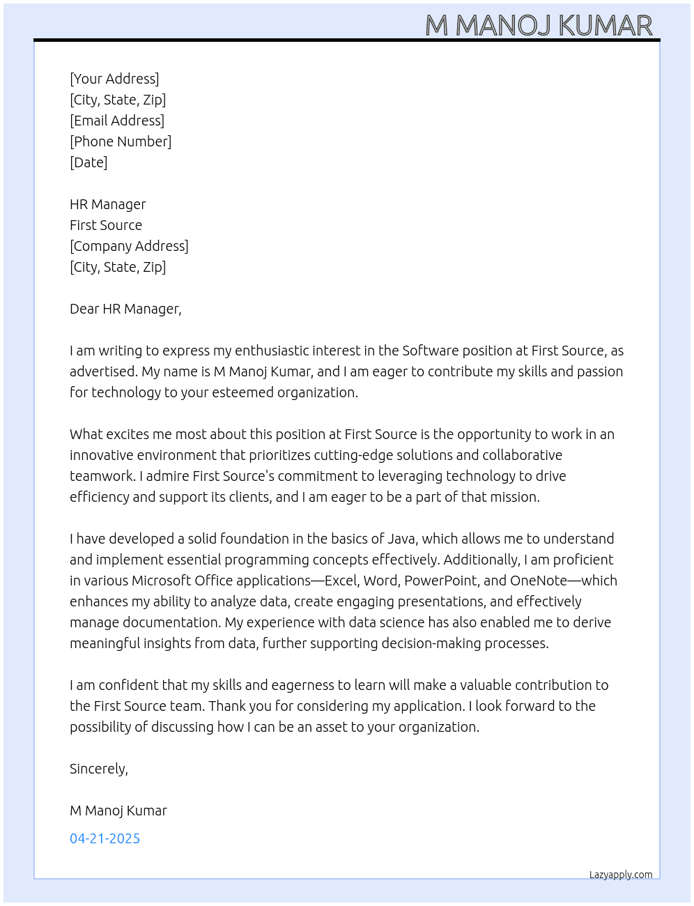 Software  At First Source  Cover Letter