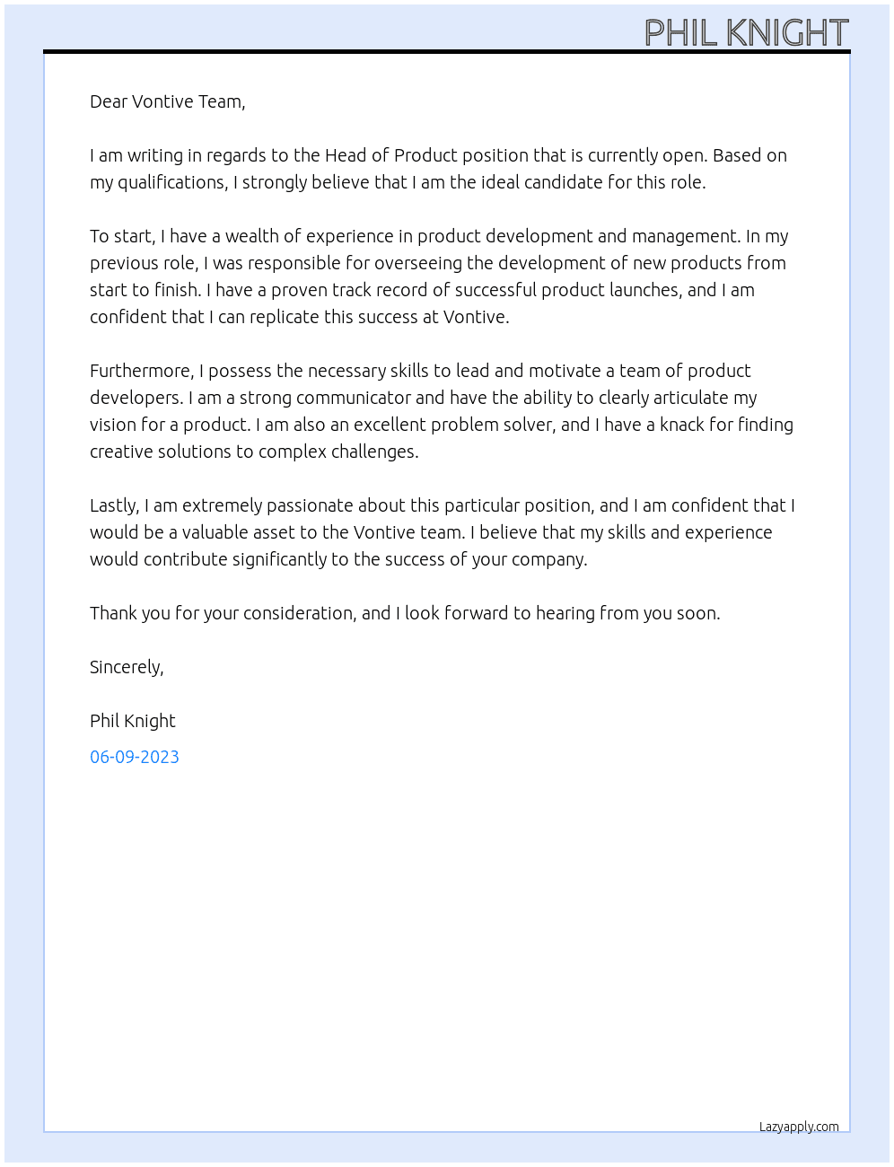 Head of Product At Vontive Cover Letter