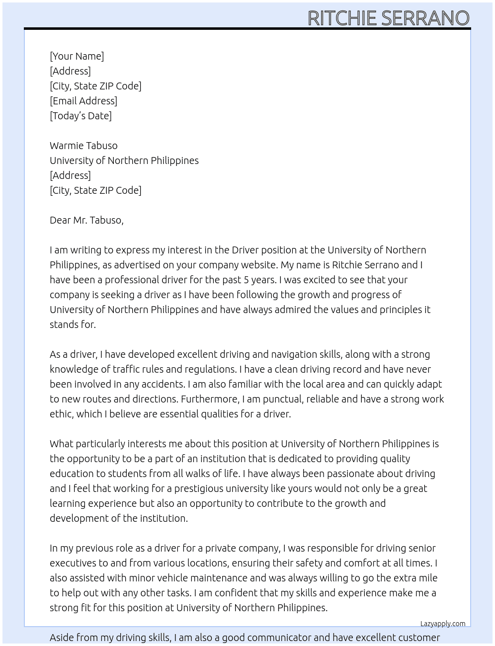 driver At University of Northern Philippines Cover Letter