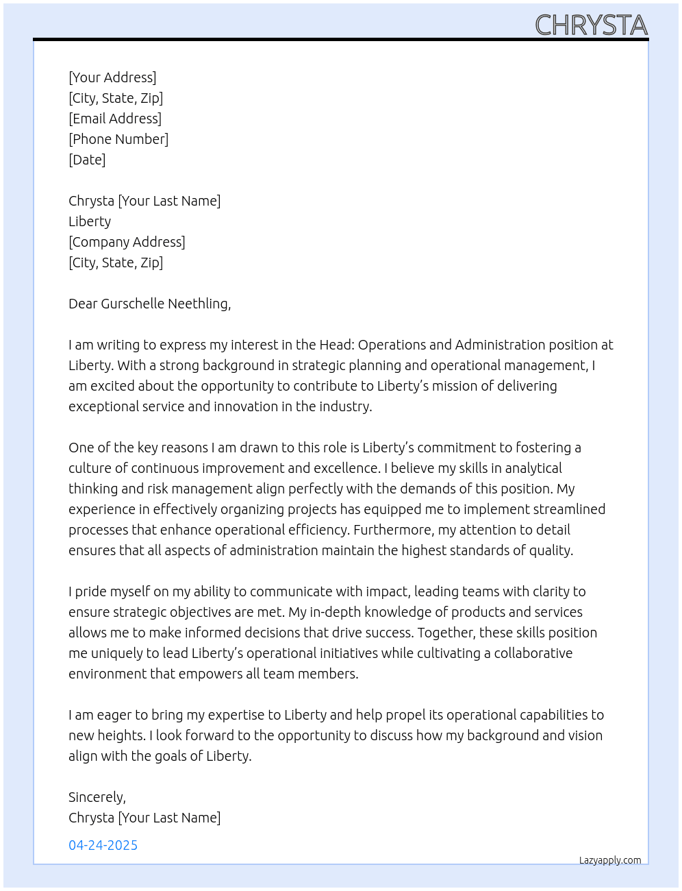 Head: Operations and Administration At Liberty Cover Letter