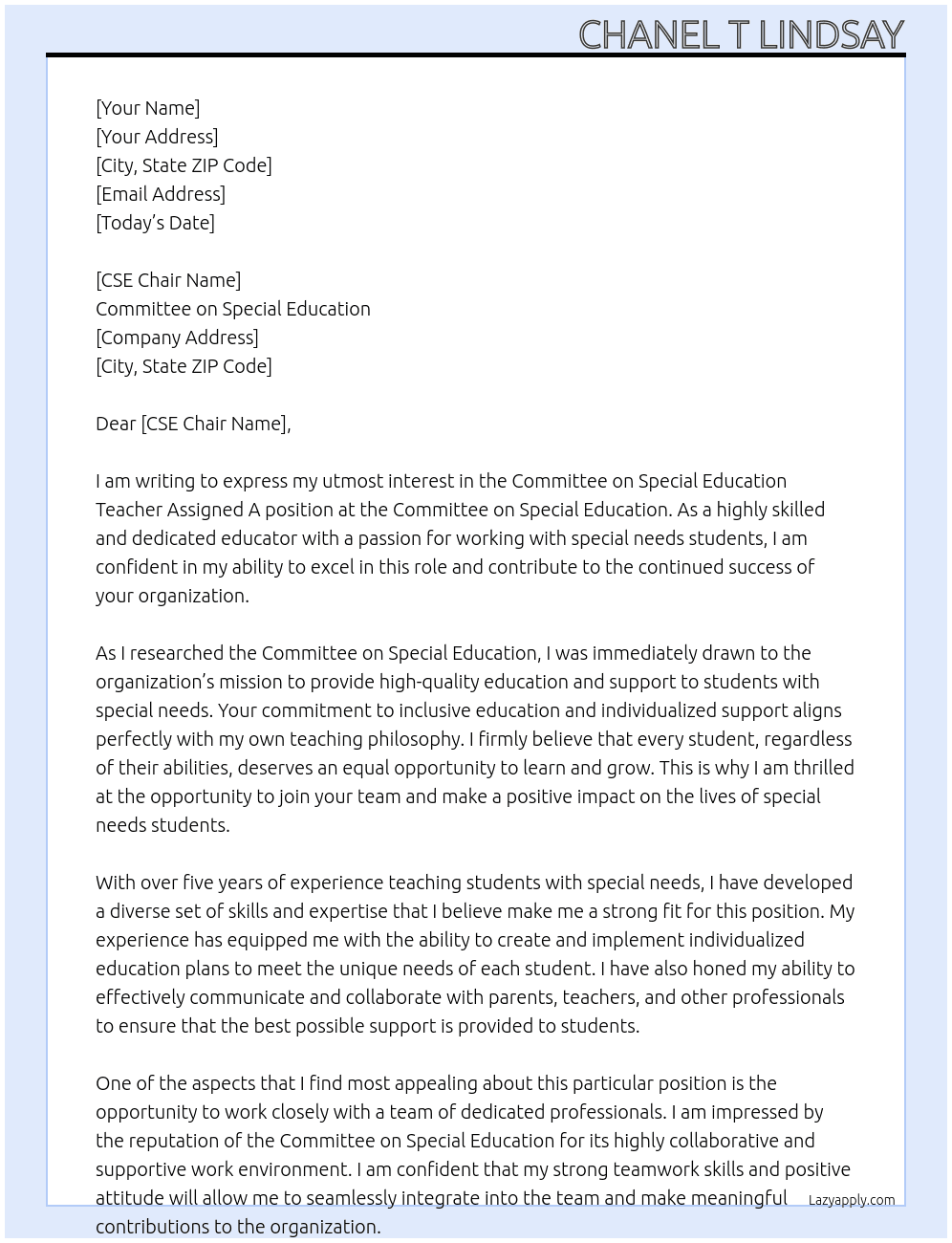 Committee on Special Education Teacher Assigned A At Committee on Special Education  Cover Letter