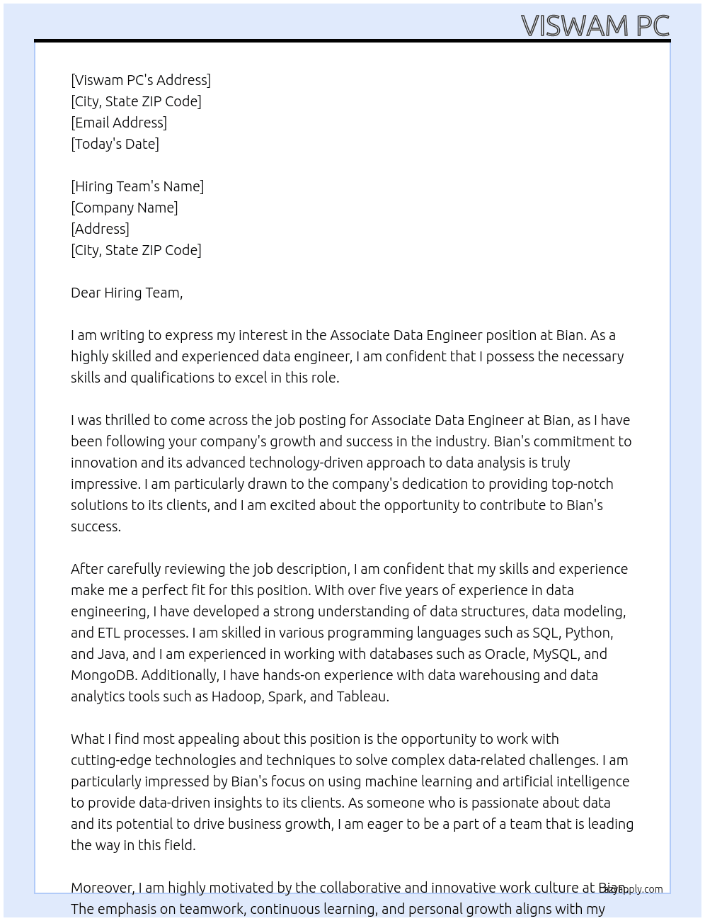 Associate Data Engineer At Bian Cover Letter