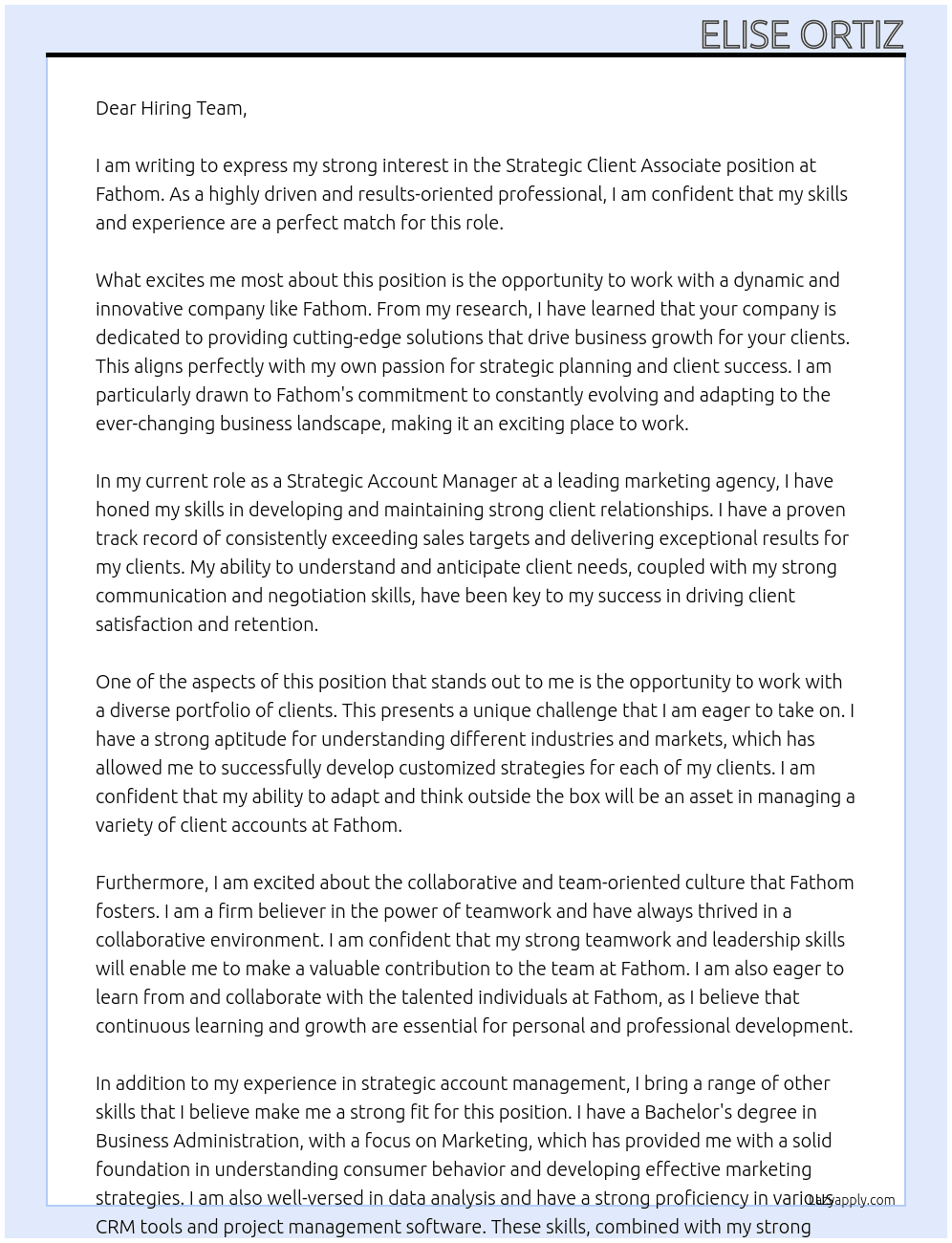 Strategic client Associate At Fathom Cover Letter