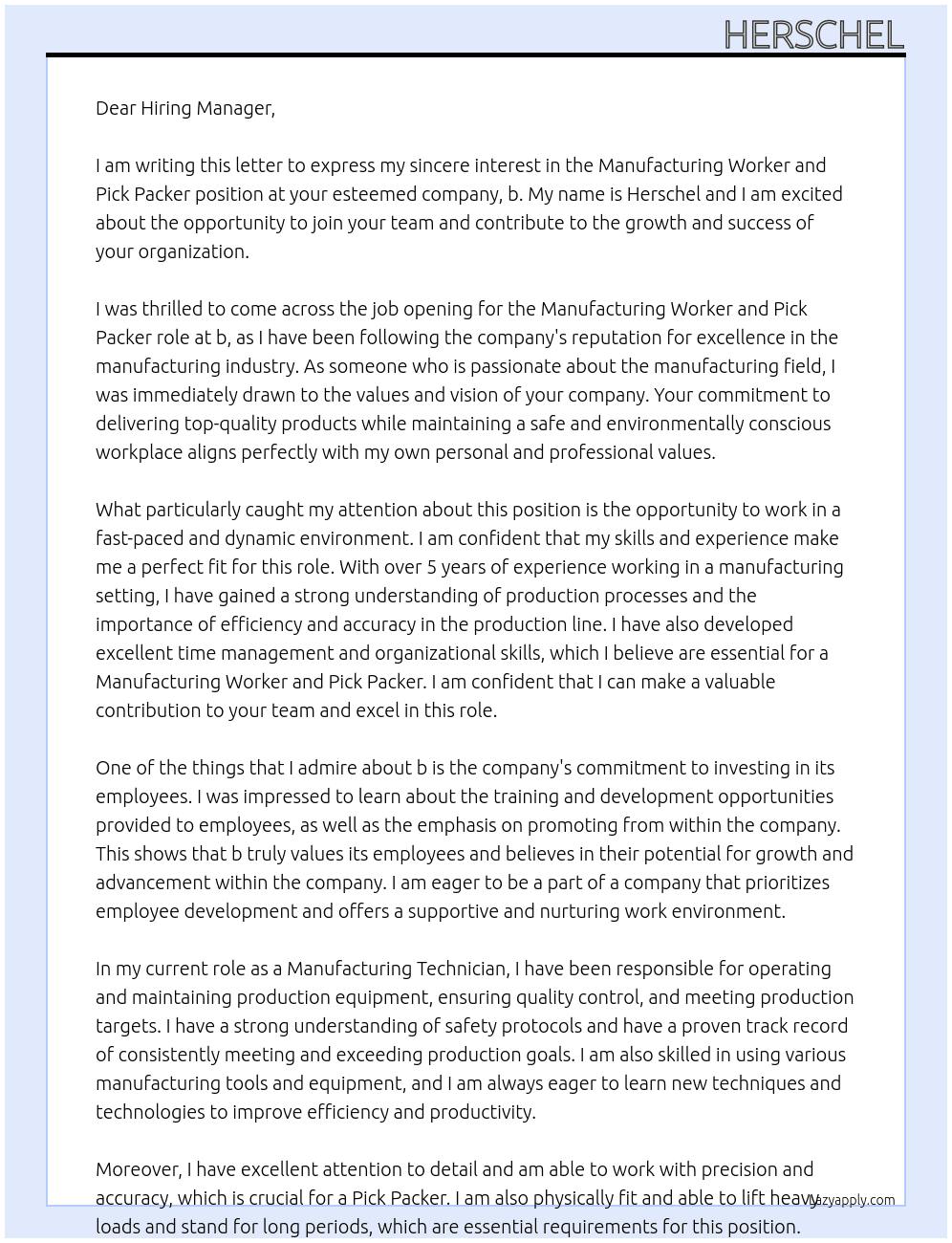 Cover letter for manufacturing worker, pick packer - LazyApply