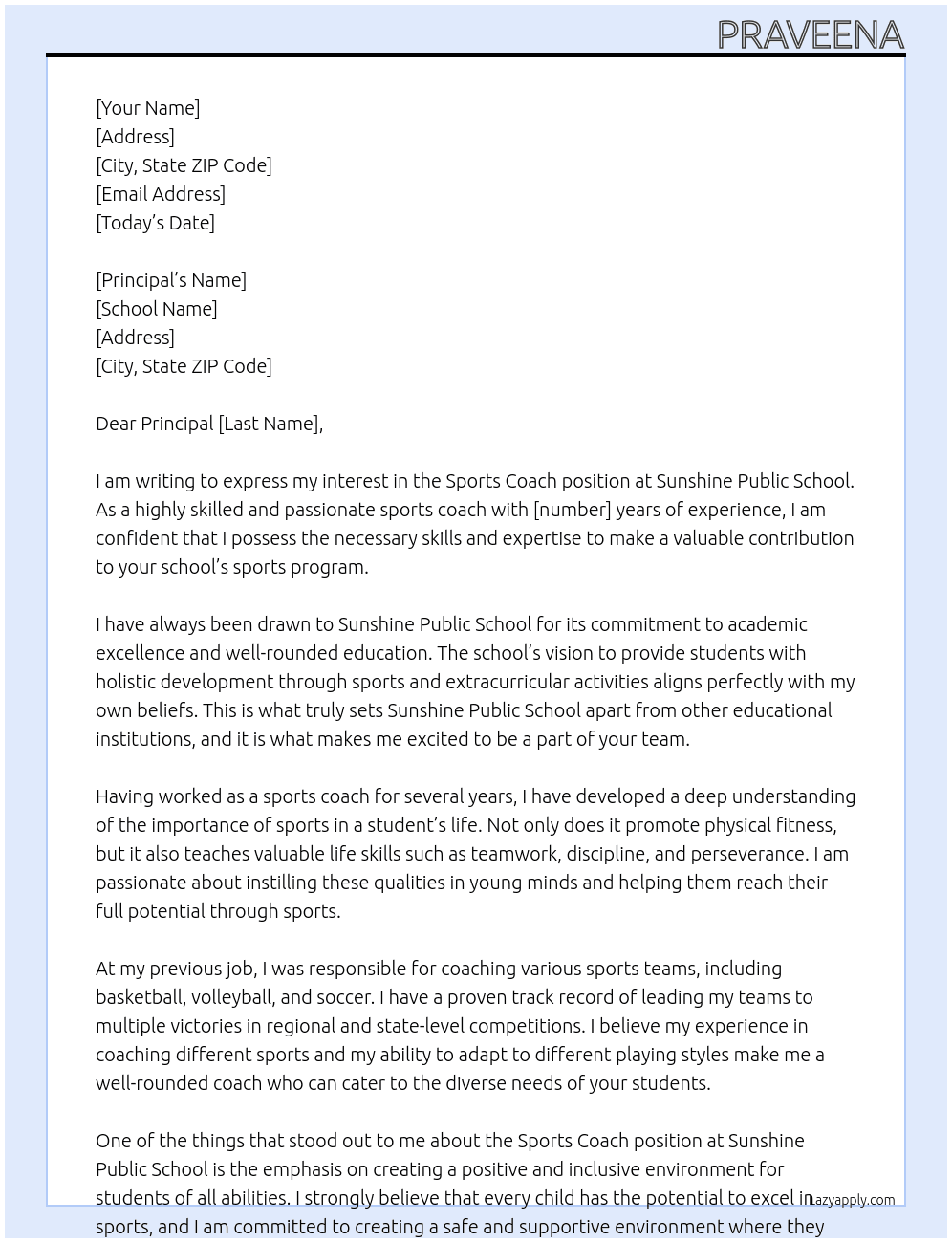 Sports coach  At Sunshine public school Cover Letter