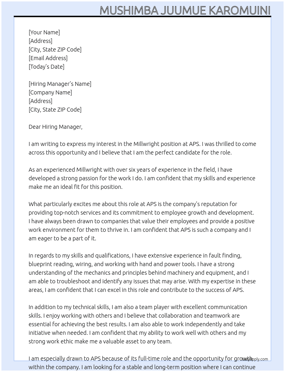 Millwright At APS Cover Letter