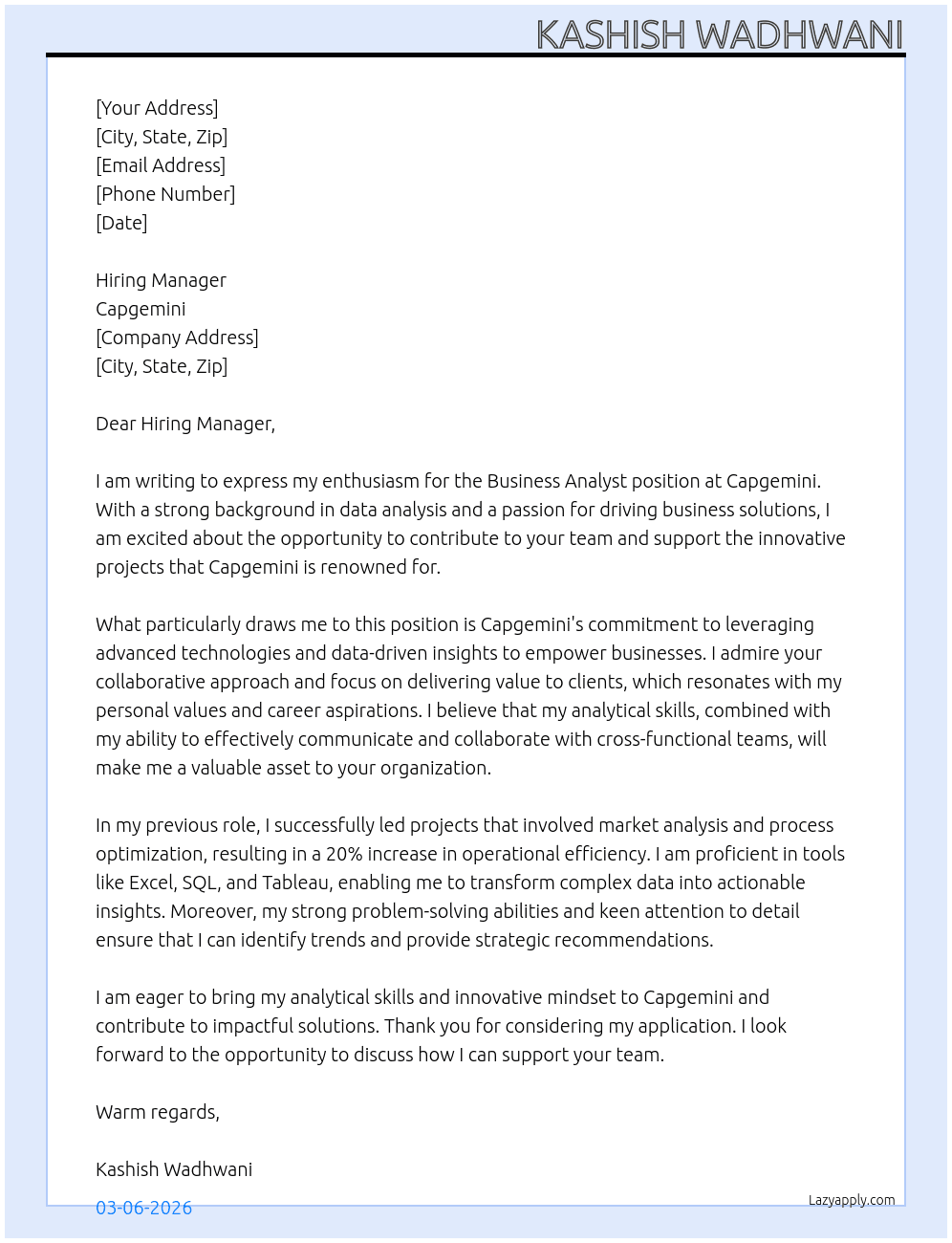 Business Analyst At Capgemini Cover Letter