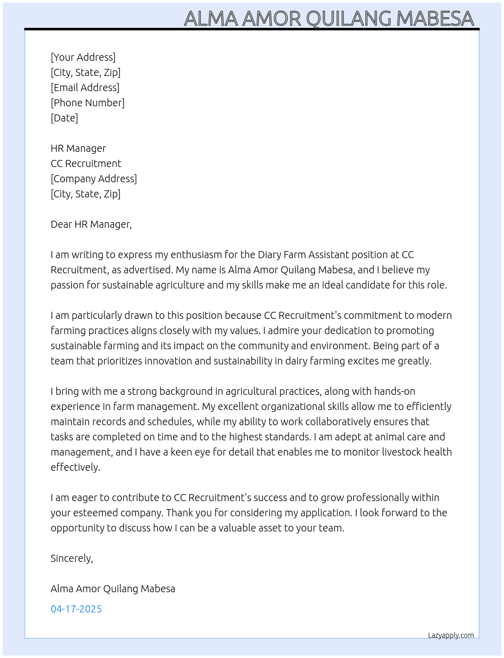 Diary Farm Assistant  At CC Recruitment  Cover Letter