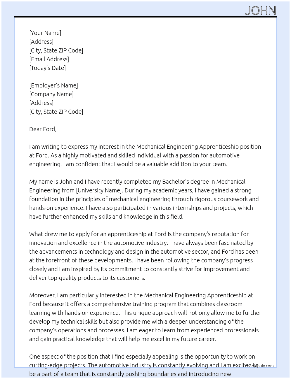 Mechanical Engineering Apprentincehsip  At Ford Cover Letter