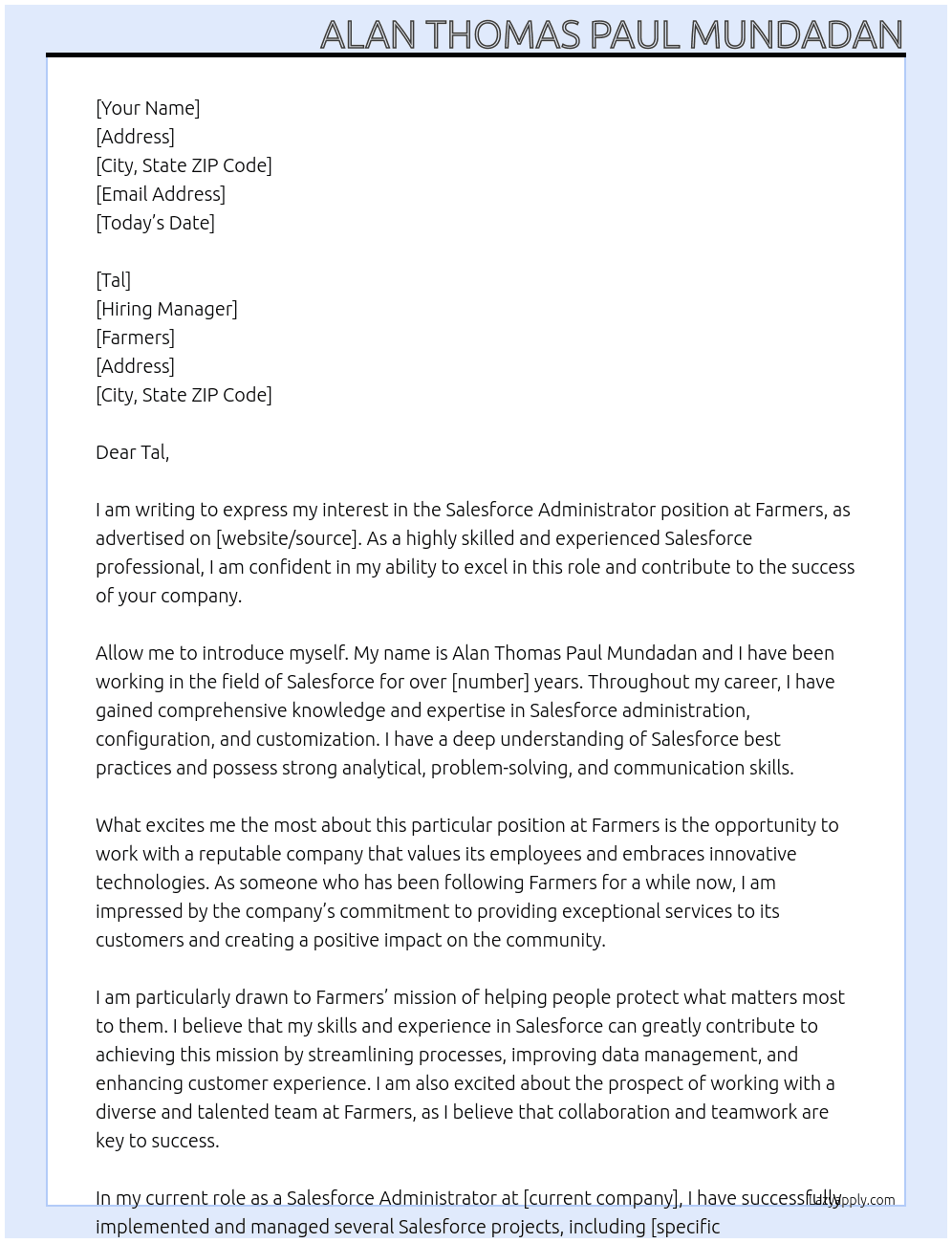 Salesforce administrator  At Farmers Cover Letter