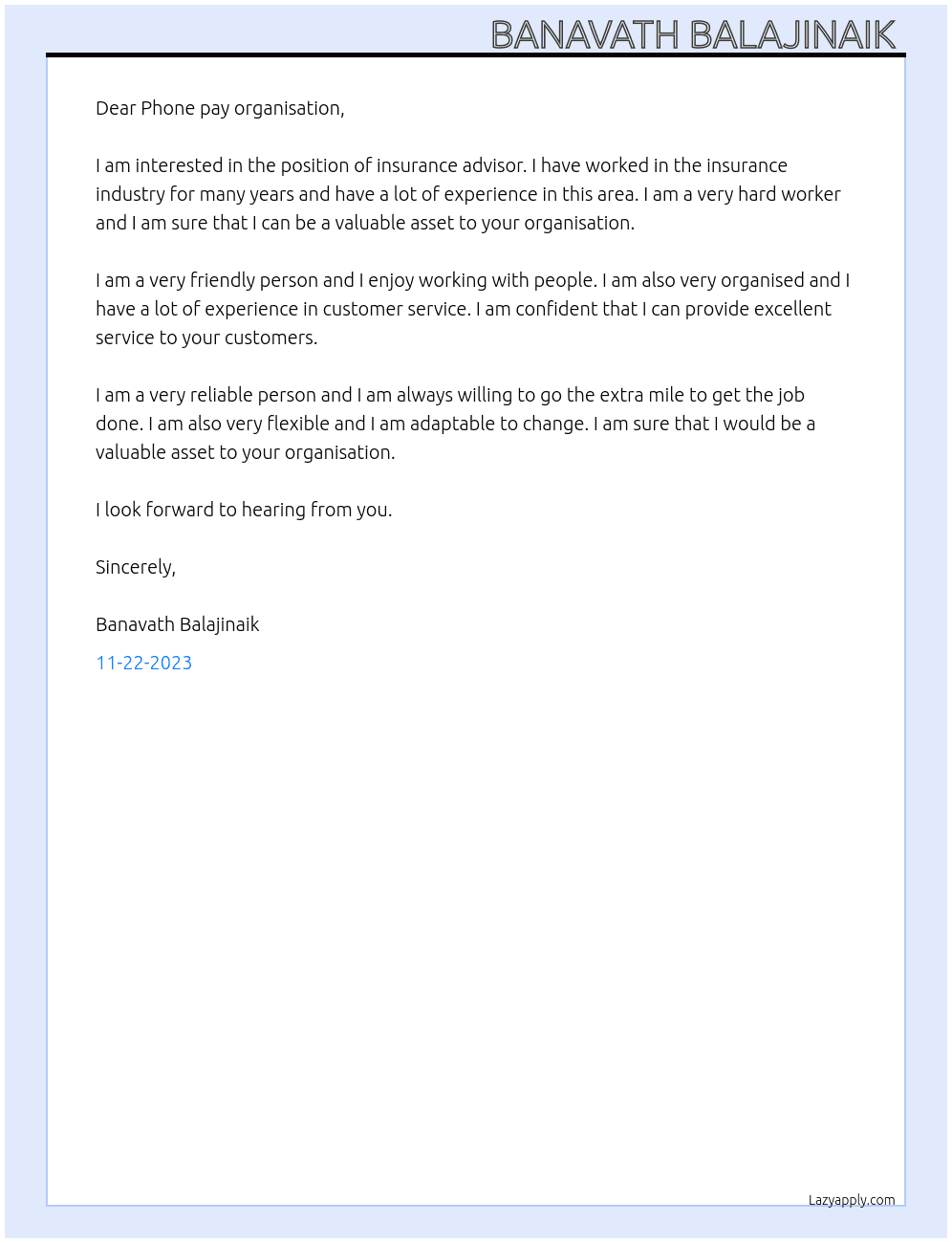Insurance advisor  At Phone pay  Cover Letter