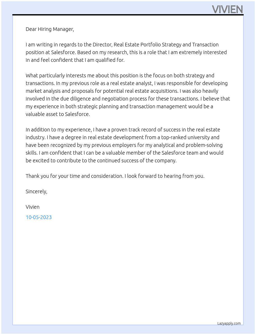 Cover letter for director, real estate portfolio strategy and transaction - LazyApply