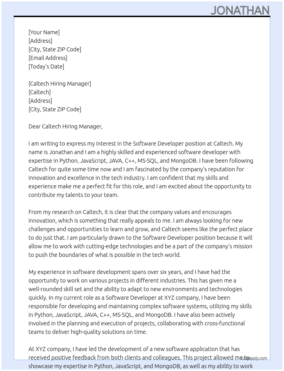 Software Developer At Caltech Cover Letter