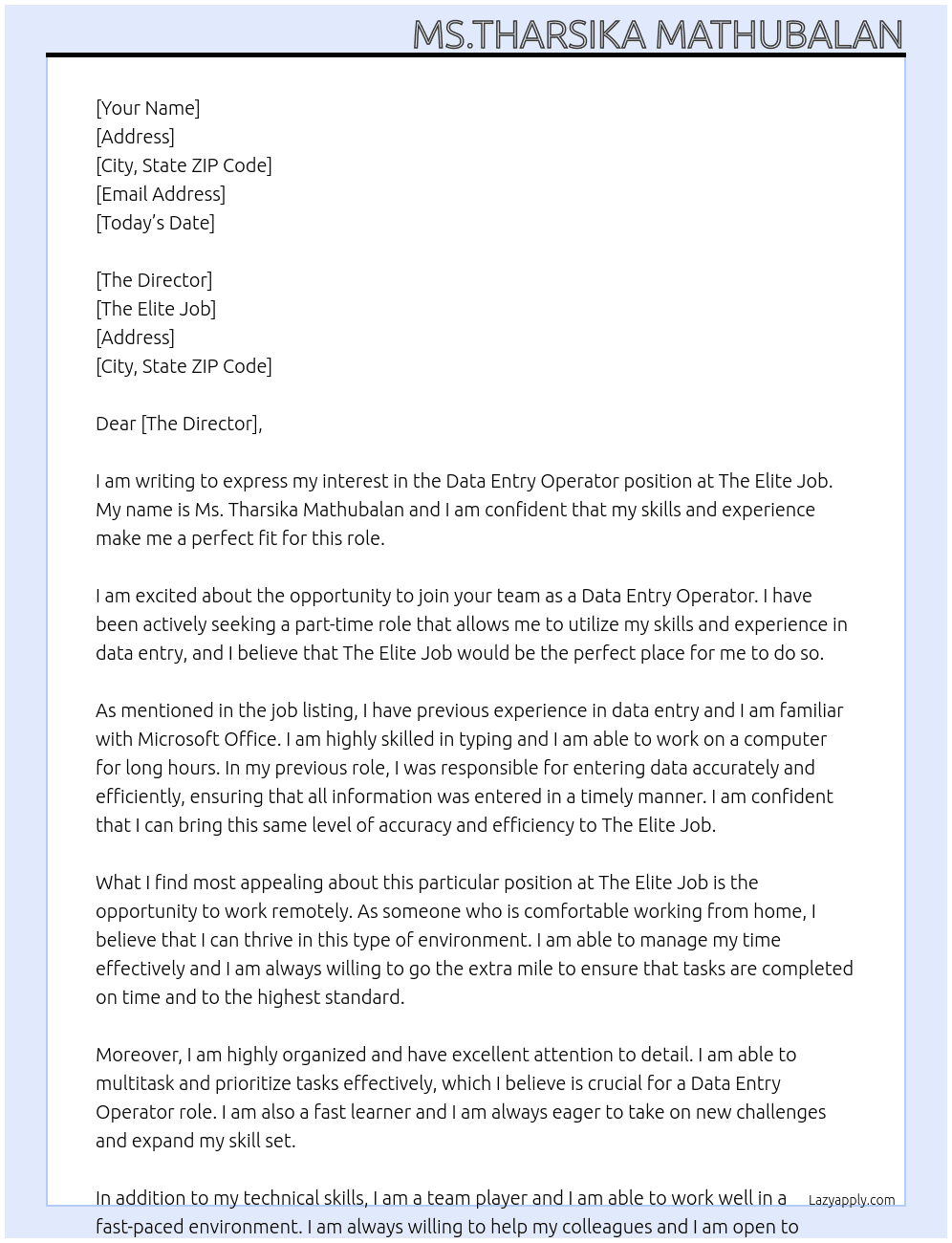 Post of Data Entry Operator At The Elite Job Cover Letter
