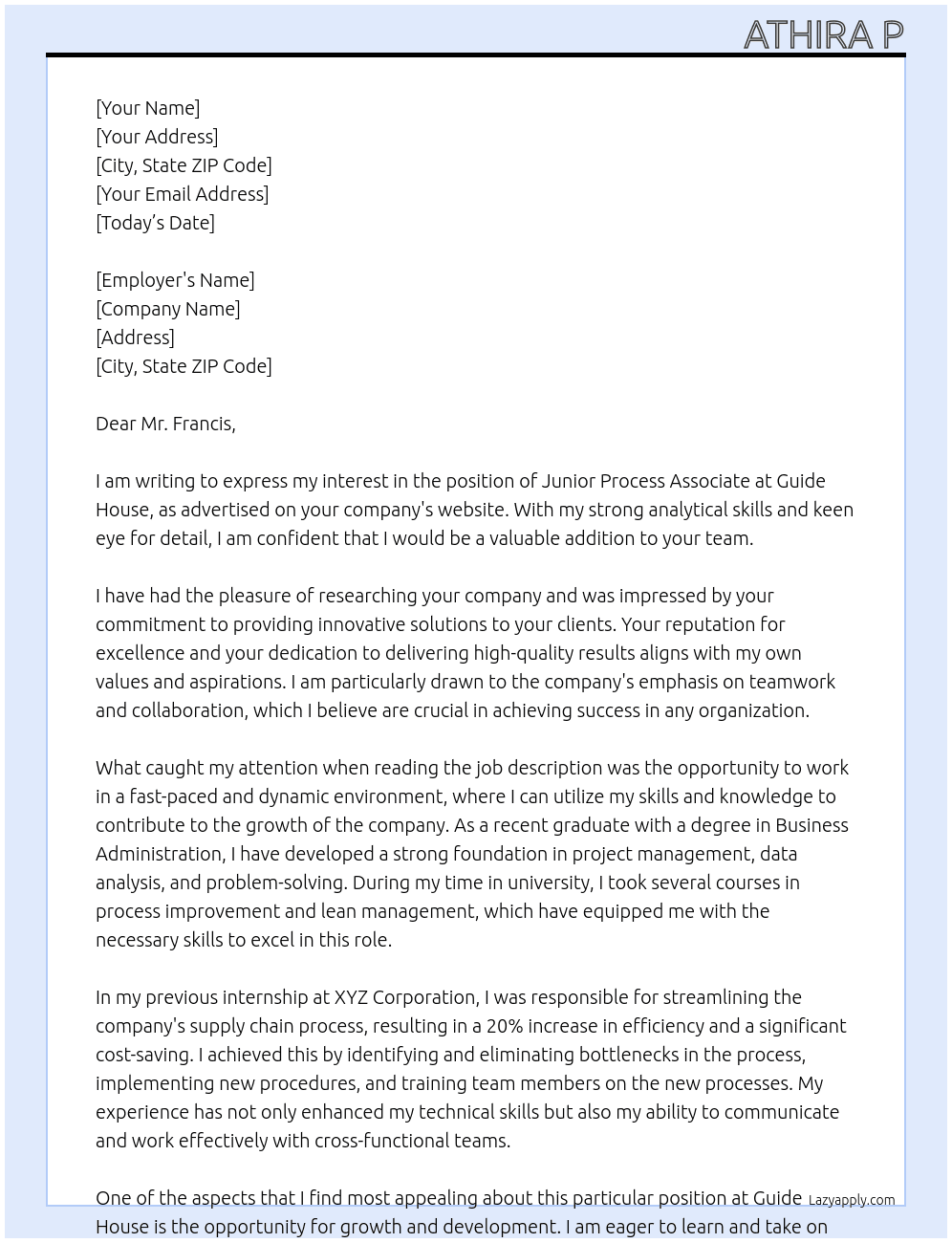 Jr Process Associate At Guide House Cover Letter