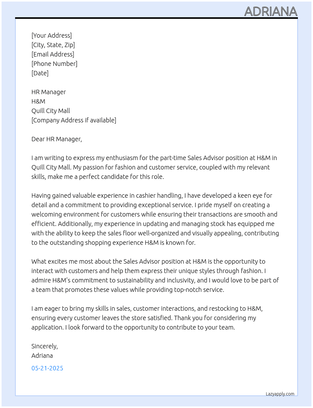sales advisor At H&M Cover Letter