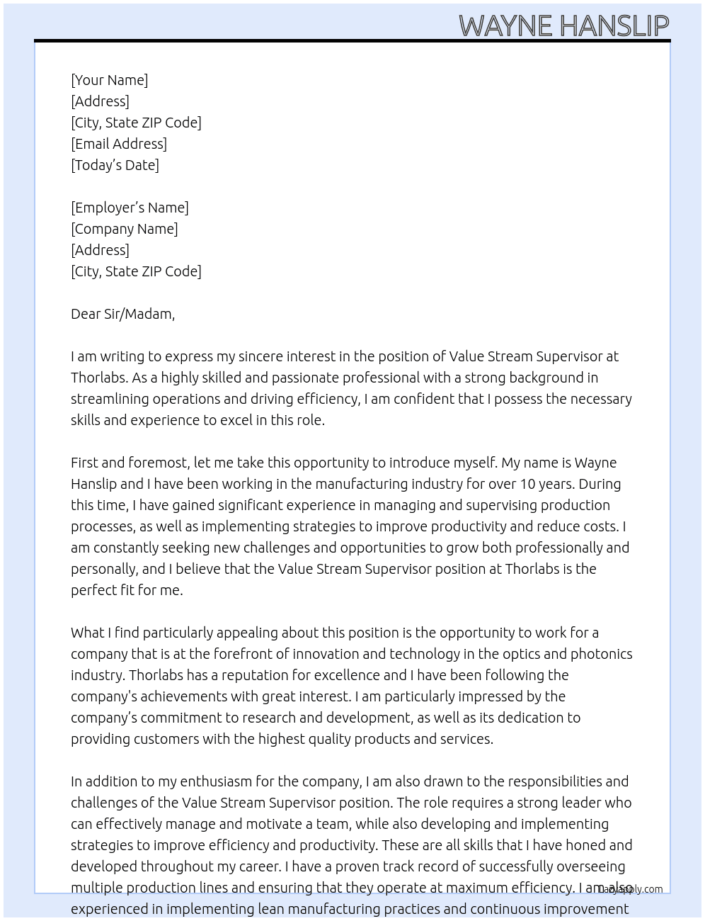 Value Stream Supervisor At Thorlabs Cover Letter