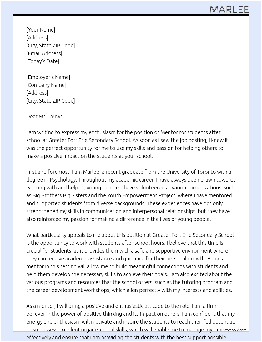 Mentor for students after school  At Greater Fort Erie Secondary School  Cover Letter