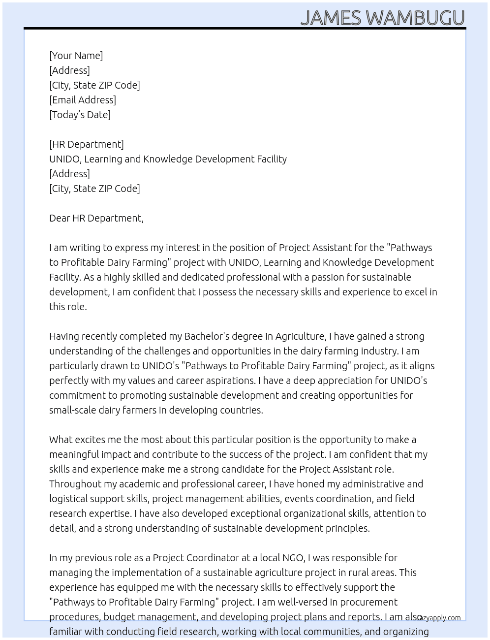 Project Assistant-"Pathways to Profitable Dairy Farming" project At UNIDO, Learning and Knowledge Development Facility Cover Letter