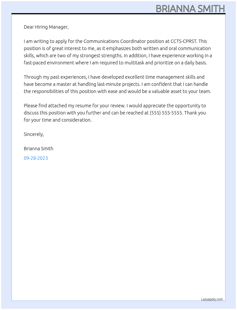 Communications Coordinator At CCTS-CPRST Cover Letter