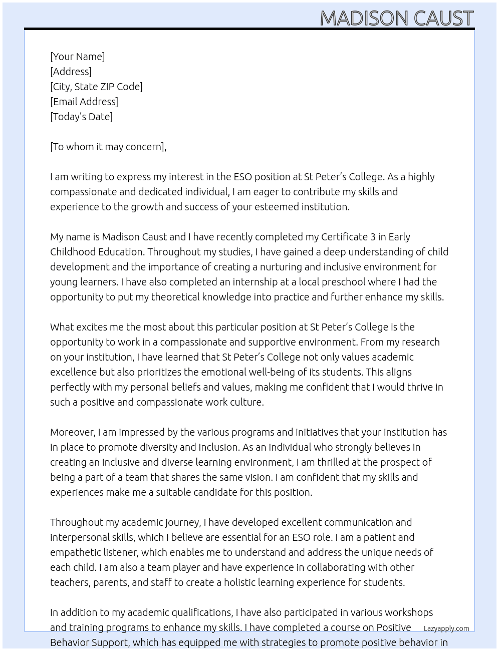 ESO At St Peter’s College Cover Letter