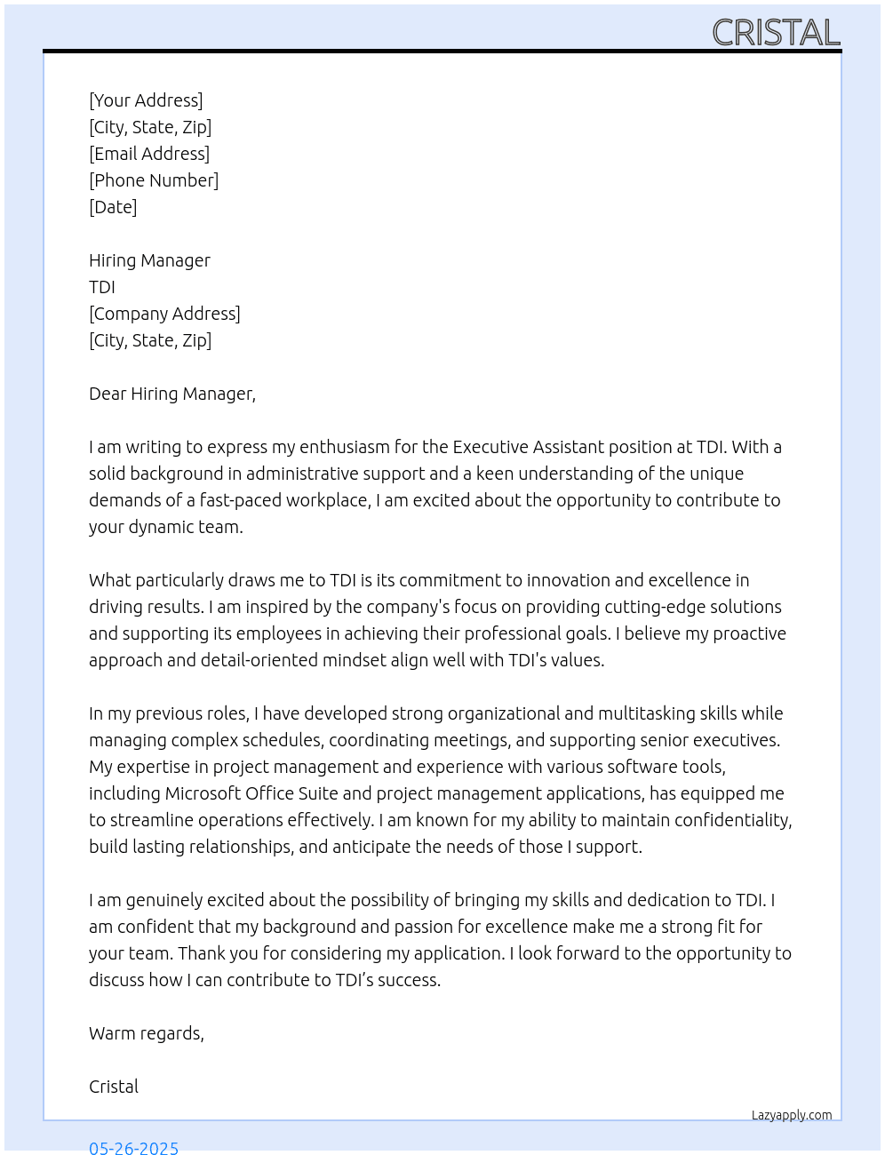 Executive Assistant At TDI Cover Letter