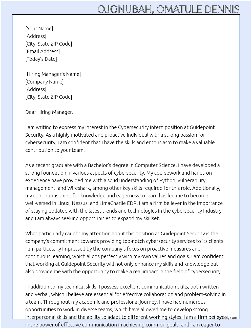 Cybersecurity Intern At  Guidepoint Security Cover Letter
