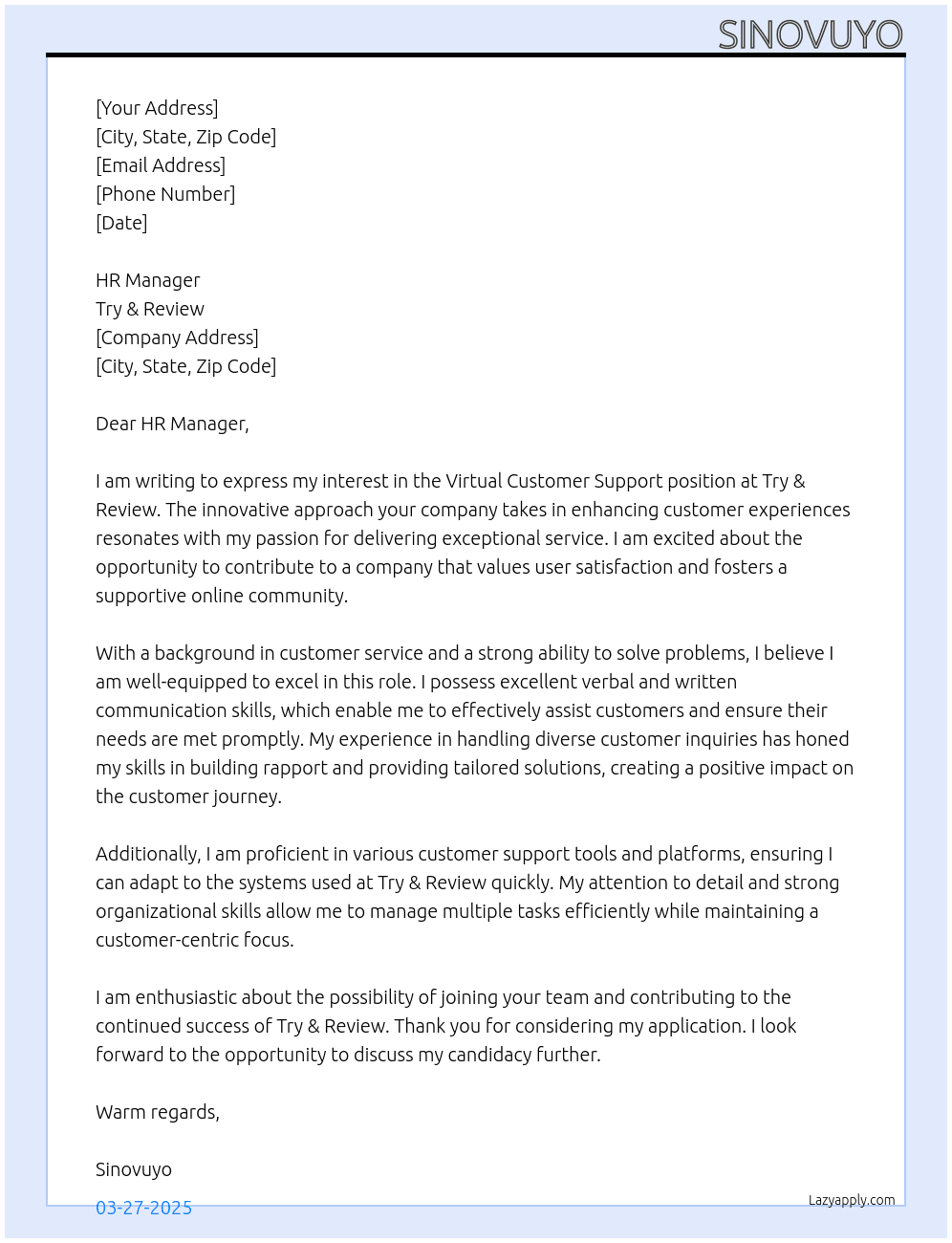 Virtual Customer Support At Try & Review Cover Letter