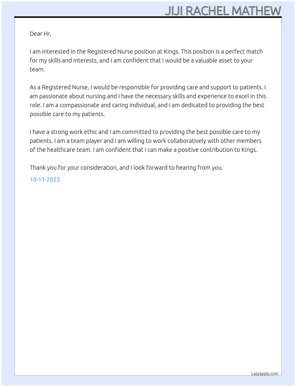 Registered Nurse  At Kings  Cover Letter