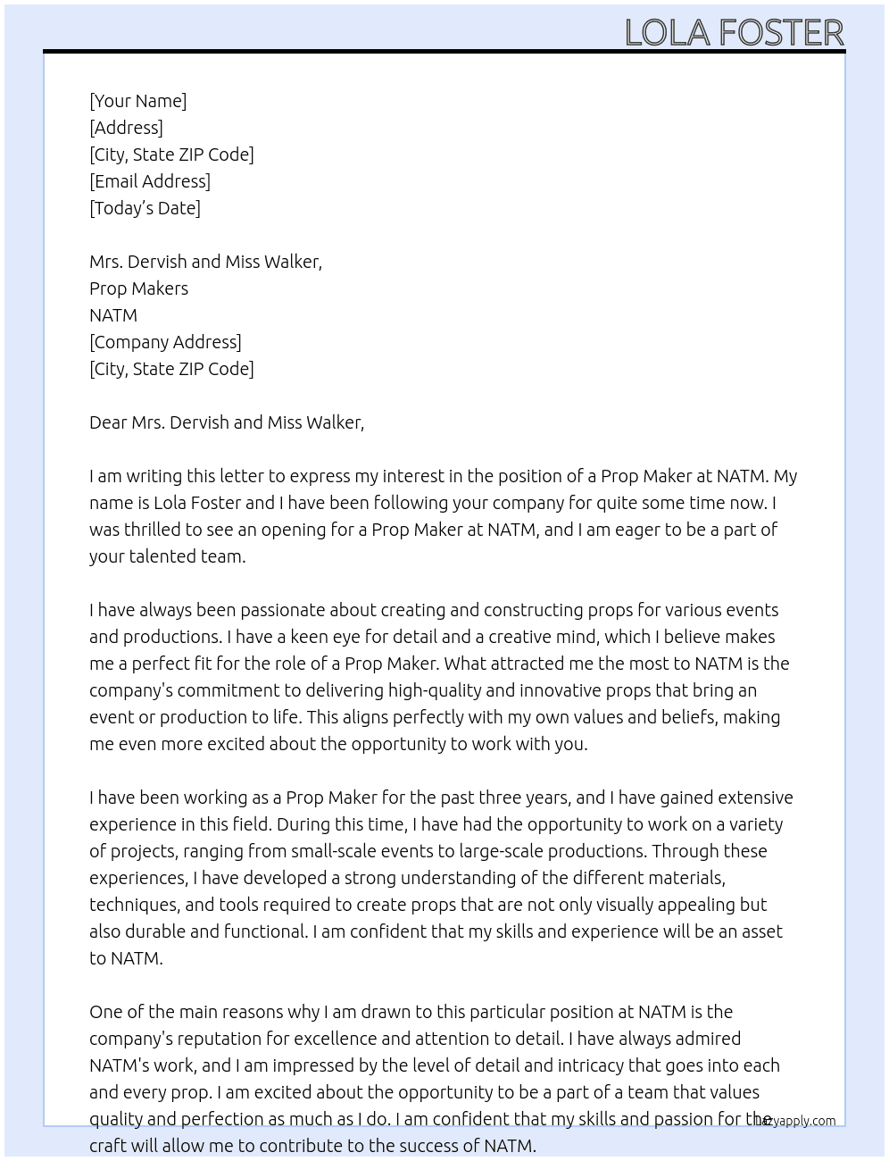 Prop maker At NATM Cover Letter