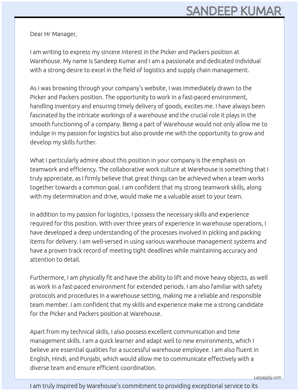 Picker and packers  At Warehouse  Cover Letter