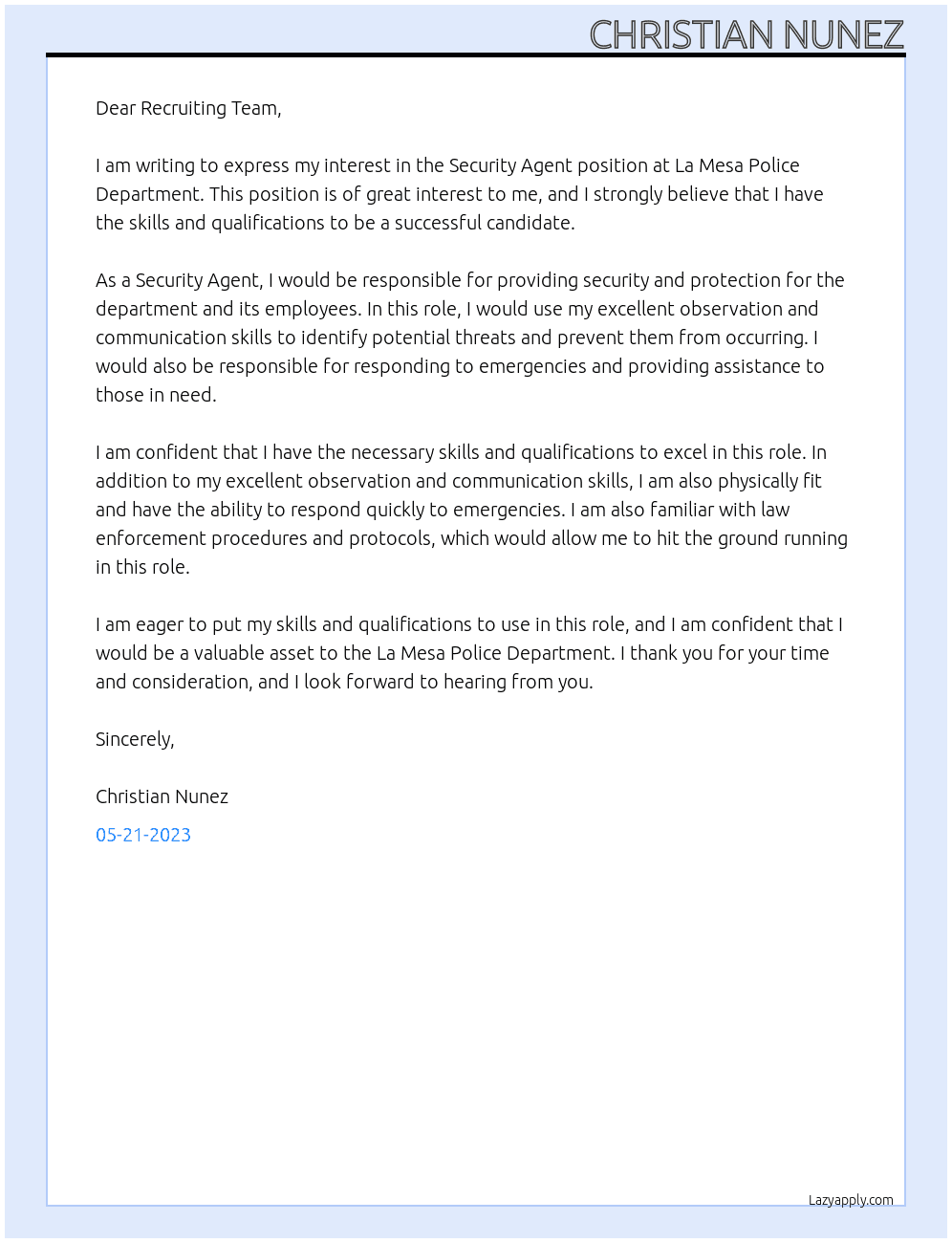 Security Agent At La Mesa Police Department Cover Letter