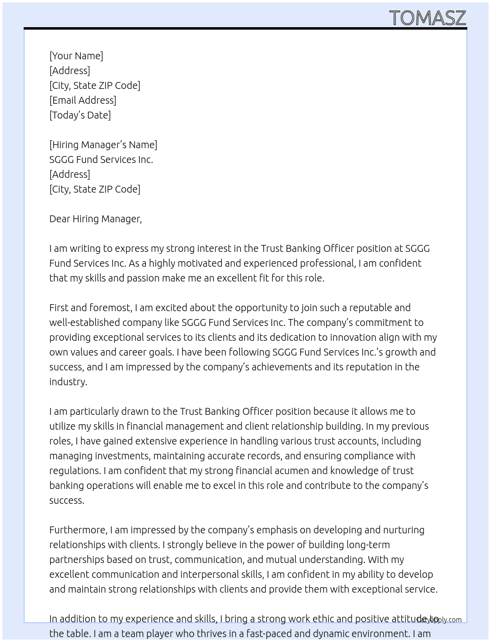 Trust Banking Office At SGGG Fund Services INc. Cover Letter