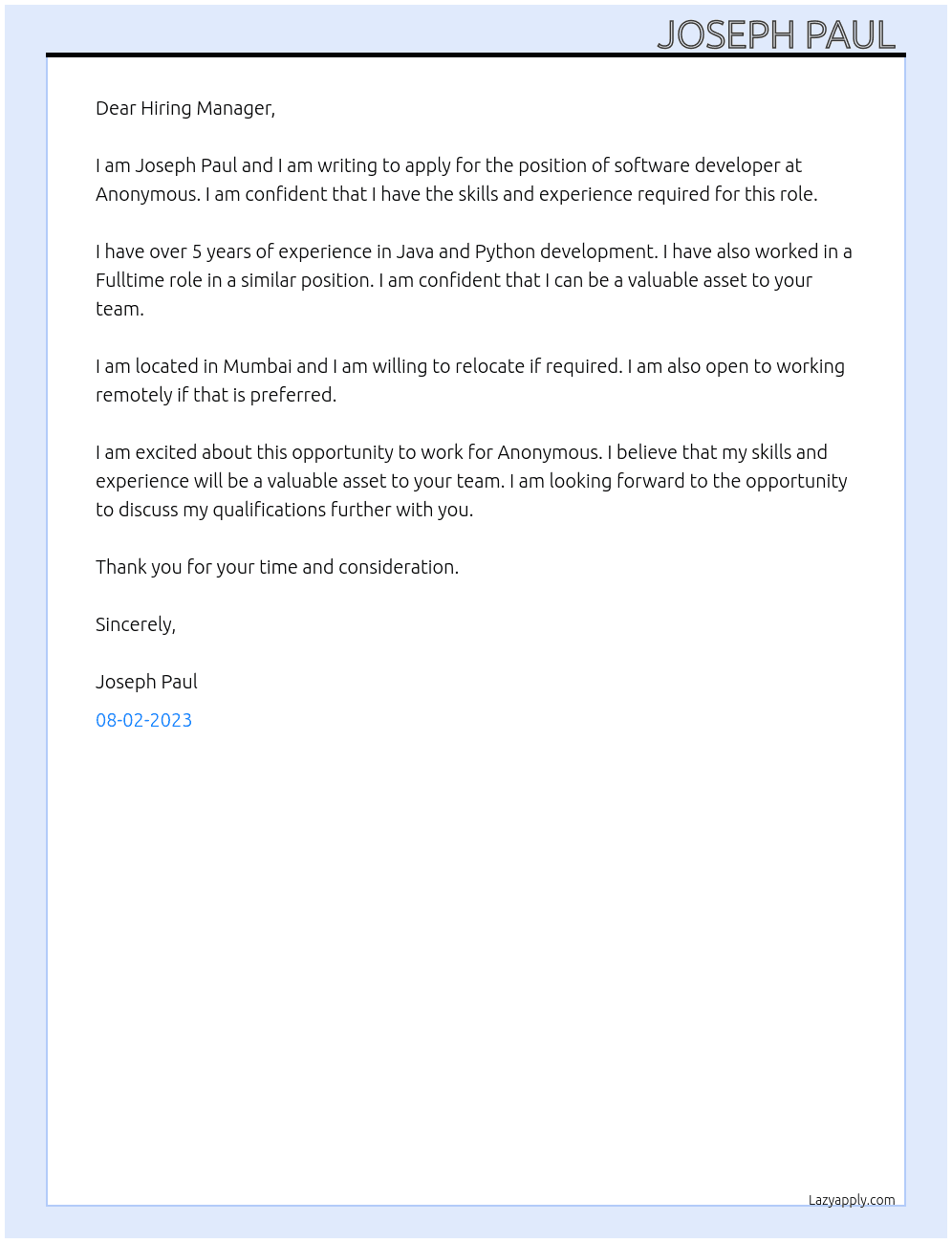 Software developer At Anonymous Cover Letter