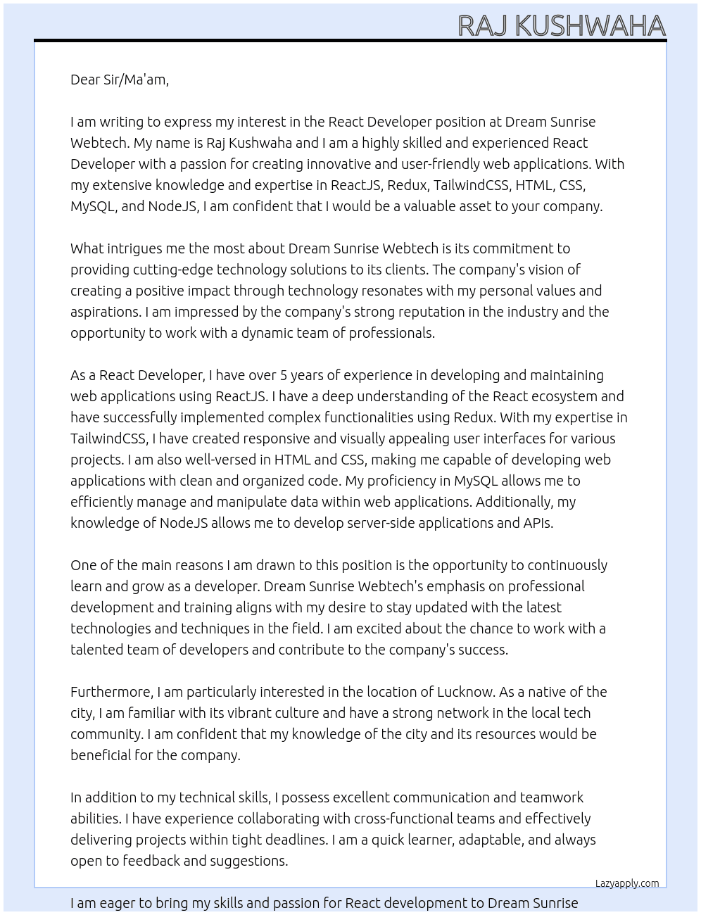 React Developer  At Dream Sunrise Webtech Cover Letter