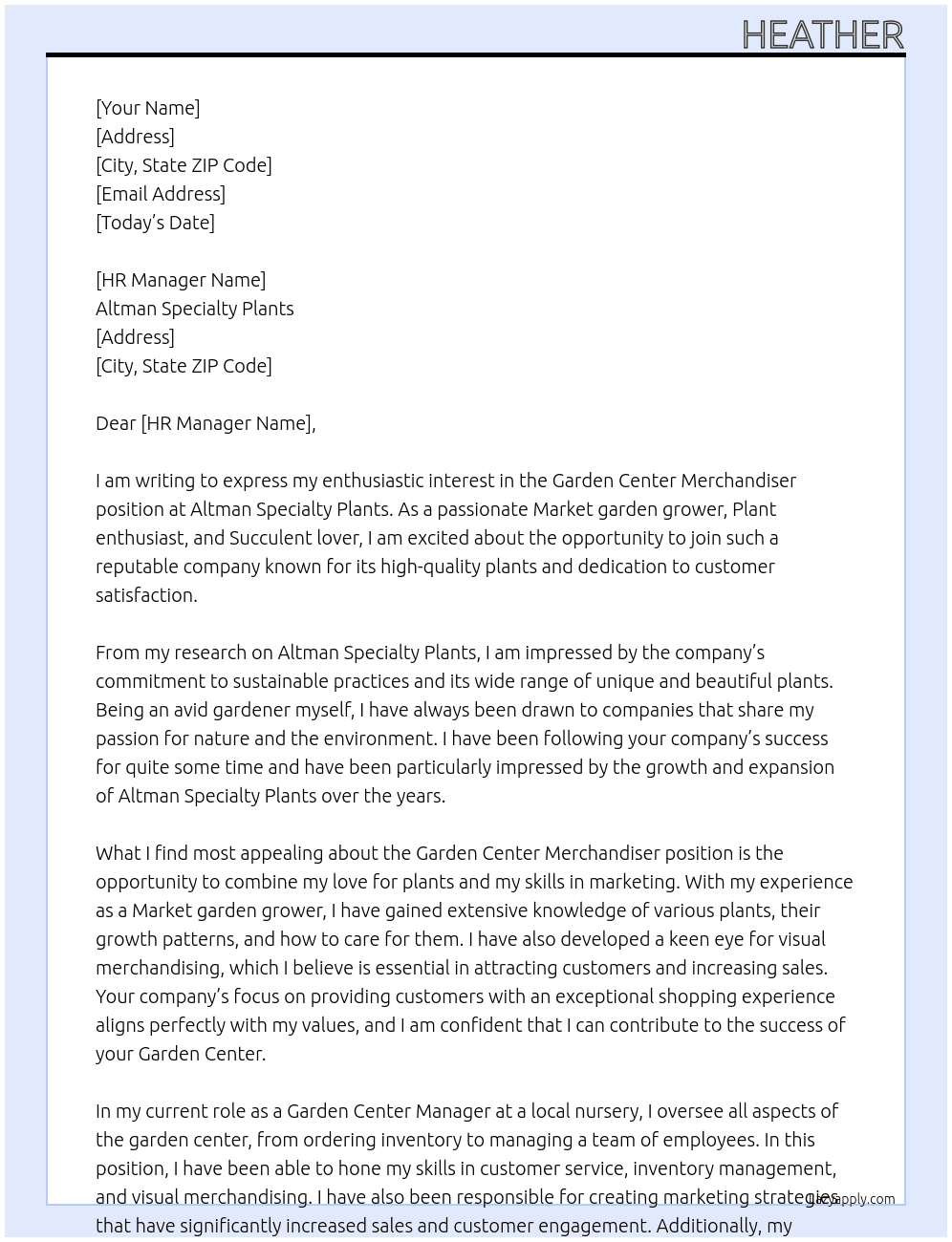 Garden Center Merchandiser At Altman Specialty Plants Cover Letter