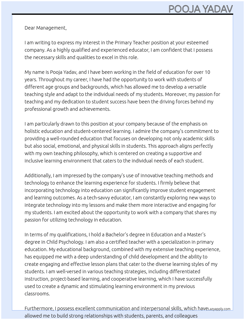 PRIMARY TEACHER At Self Cover Letter