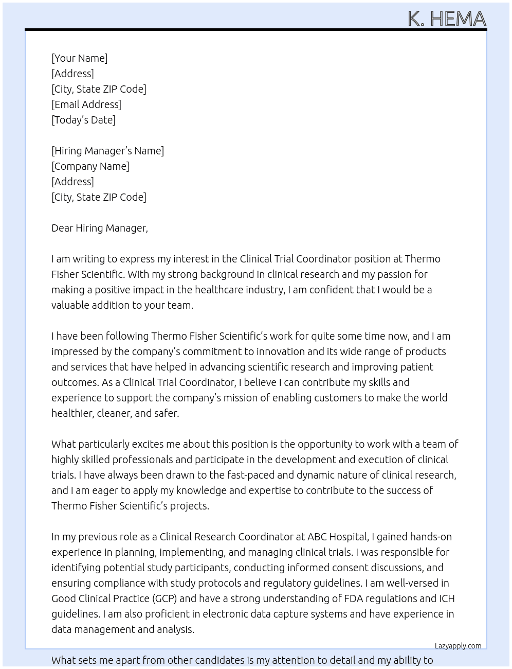 Clinical Trial Coordinator At Thermo fisher scientific Cover Letter