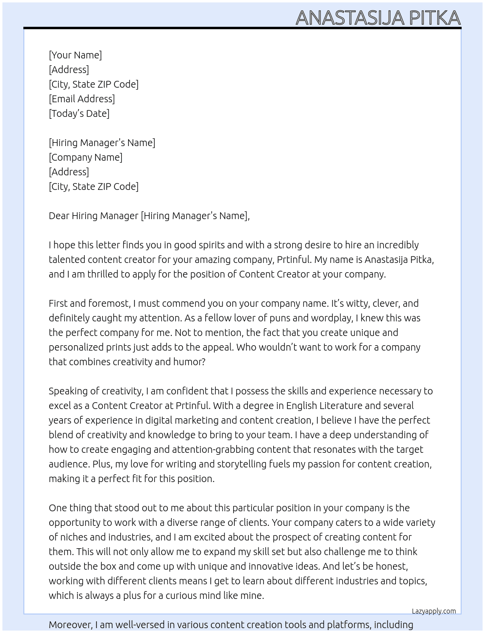 Content Creator At Prtinful Cover Letter