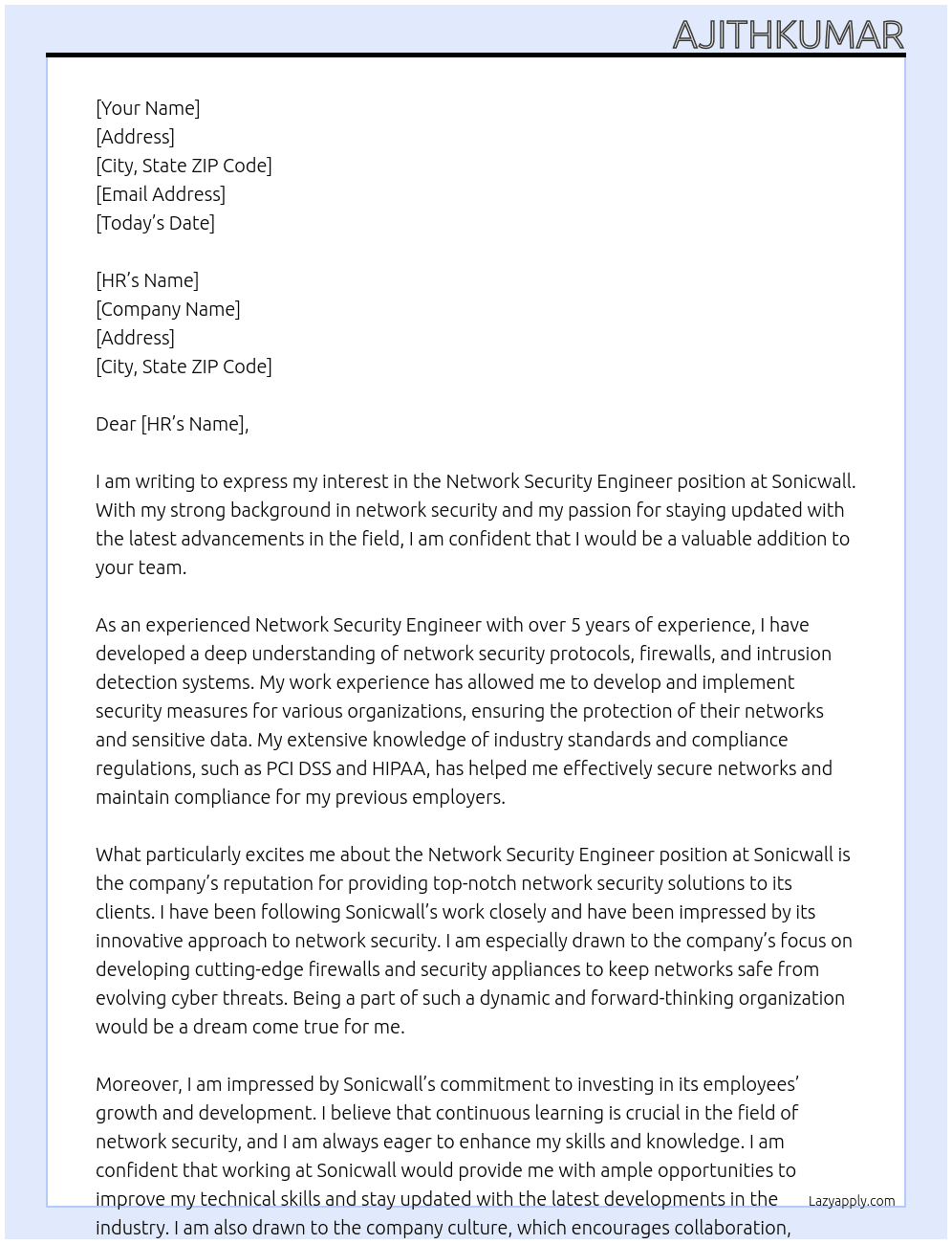 Network Security Enginne At Sonicwall Cover Letter