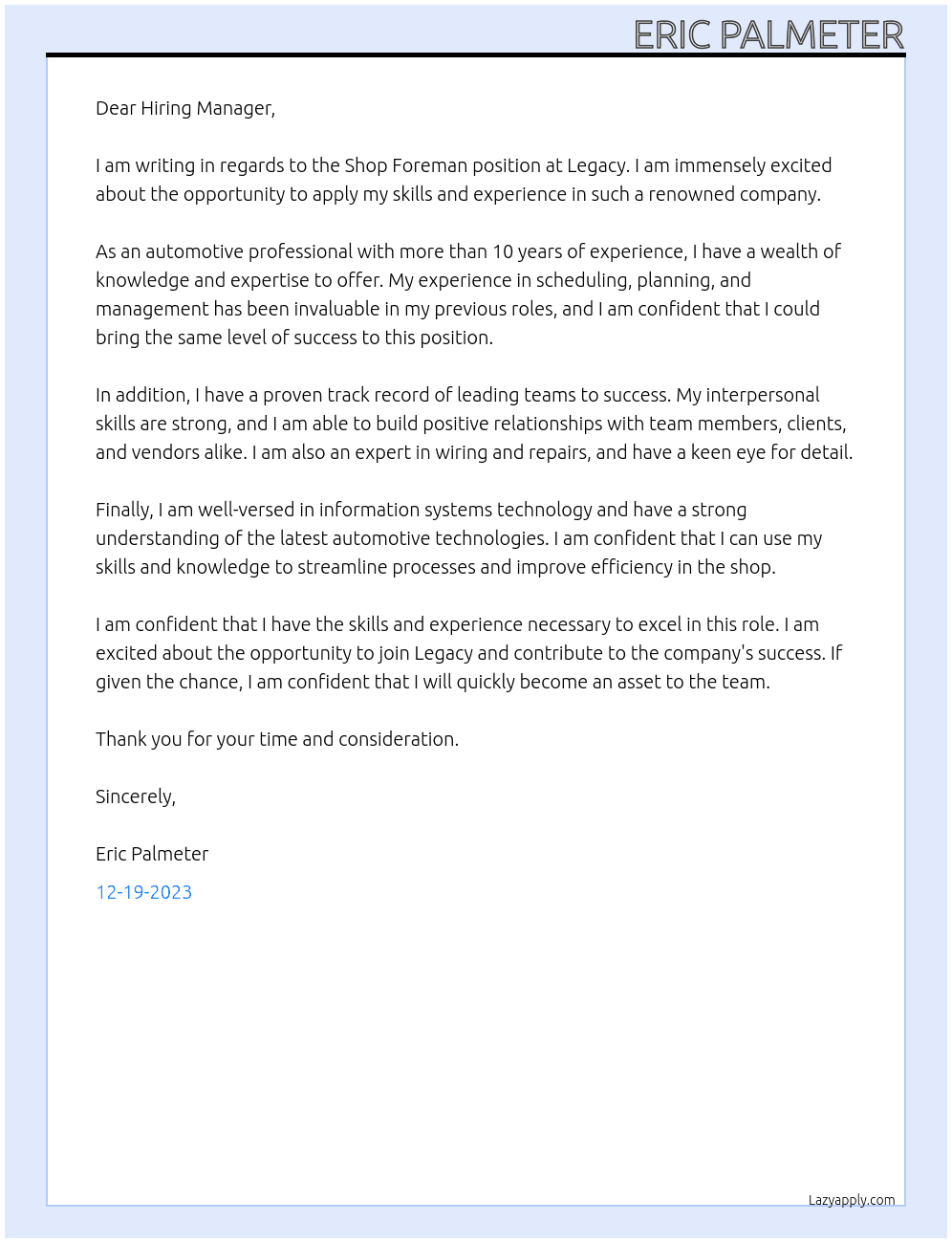 Nascar Shop Foreman At Legacy Cover Letter