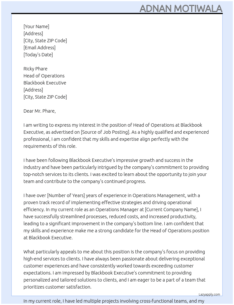 Cover letter for head of operations - LazyApply
