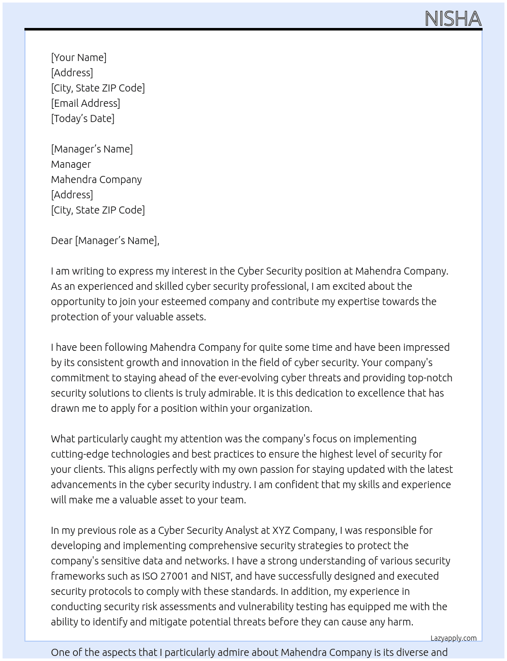 Cyber security  At Mahendra company  Cover Letter